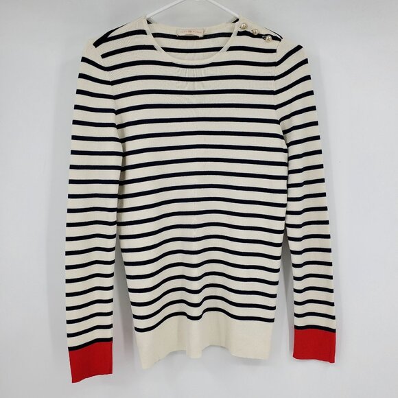 Tory Burch Navy Blue and White Striped Red Button Pearl Neck Sweater Medium - Picture 1 of 9